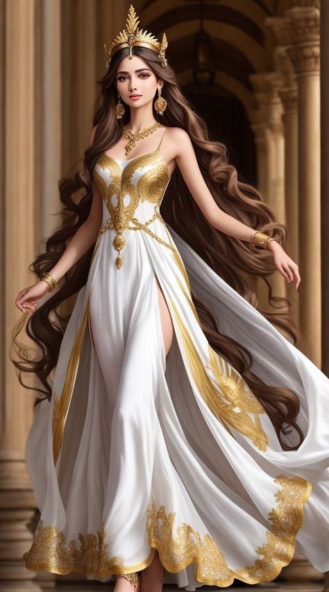 Goddess Outfit Drawing, Egyptian Dress, Outfit Drawing, Goddess Outfit, Goddess Costume, Golden Dress, Fantasy Dresses, Fashion Drawing Dresses, Goddess Dress