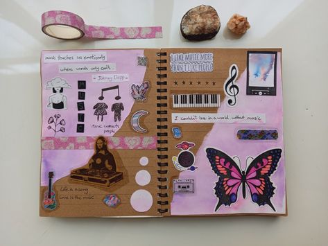 Art Book Cover Ideas Creative, Song Journal Page, Song Journal Ideas, Scrapbook Design Ideas Aesthetic, Music Journal Aesthetic, Aesthetic Journal Page Ideas, Music Scrapbook Ideas, Favorite Song Journal Page, Scrapbook Journal Cover