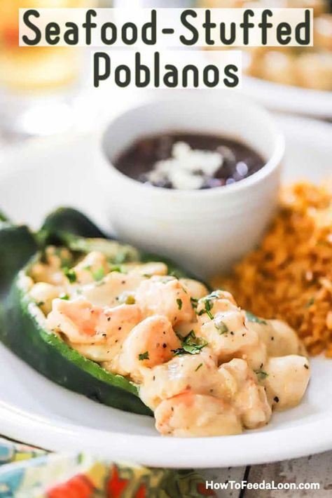 Seafood Stuffed Poblano Peppers is truly a stunning dish. Not fishy tasting at all. A sublime sauce brings it all together. Get the complete recipe with ALL-NEW VIDEO on the blog! Poblano Pepper Recipes, Light Cream Sauce, Poblano Peppers Recipes, Chicken Francese, Mexican Seafood, Poblano Pepper, Roasted Poblano, Pepper Recipes, Poblano Peppers