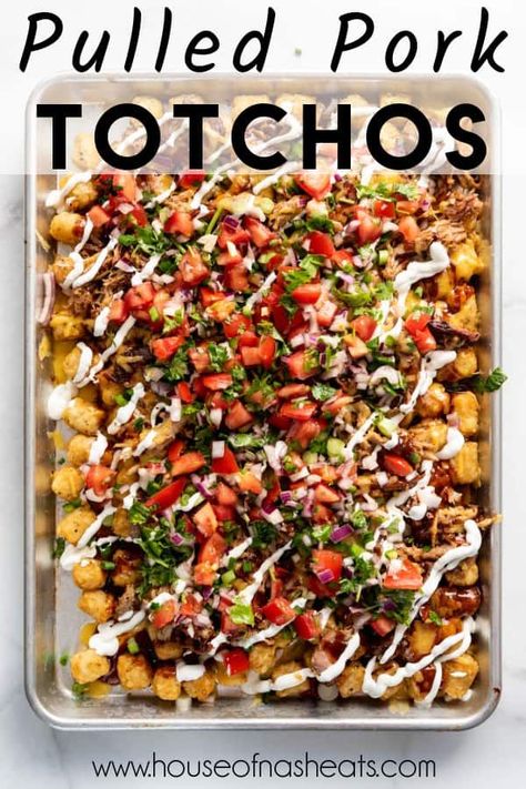 Crispy seasoned tater tots are the star of the show in these savory BBQ Pulled Pork Totchos! They are loaded with plenty of melted cheddar cheese, shredded pulled pork, BBQ sauce, pico de gallo, sour cream, and more for a show stopping Game Day appetizer or a fun casual dinner for the fam! | bbq pulled pork totchos recipe | totchos pulled pork | loaded pulled pork totchos | totchos tater tots pulled pork | game day appetizers easy | game day appetizers football Seasoned Tater Tots, Pork Totchos, Totchos Tater Tots, Pork Bbq Sauce, Pulled Pork Bbq Sauce, Appetizers Football, Loaded Tater Tot, Totchos Recipe, Tot Nachos