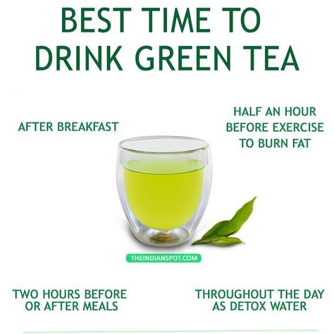 Best time to have green tea - Never have green tea on an empty stomach Not immediately after meals either No late night sipping Only 2-3 cups a day DILUTED GREEN TEA THROUGHOUT THE DAY If you want to detox your body using green tea, you need to have little sips of it throughout the day. Green tea’s detoxing properties works slow and you need to have it little by little to reap all the benefits. If you gulp it down in one go, it won’t really detox and simply go out of the body in the form ... Detox Your Body, Late Night, Green Tea, Benefits, Tea, Green