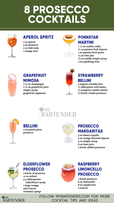 Prosecco Cocktails Fruit And Herb Pairings, Drinks To Make With Prosecco, Persecco Cocktails Drink Recipes, Winter Prosecco Cocktails, Prosseco Cocktails Recipe, Pretty Cocktail Recipes, Easy Cocktails Recipes, Negroni Sbagliato Prosecco, Drinks With Prosecco