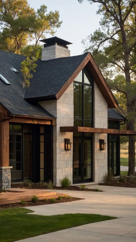 Ranch Style Reimagined: 17 Ideas for Modern Homes - Cheerful Talks Modern Rancher House Plans, Ranch House With Bonus Room Above Garage, Modern Country Home Exterior Wrap Around Porches, Ranch House Black Exterior, Black Exterior Lake House, Metal Siding And Stone Exterior, Ranch Home Exteriors One Story, One Story Black House, Stone House With Wrap Around Porch