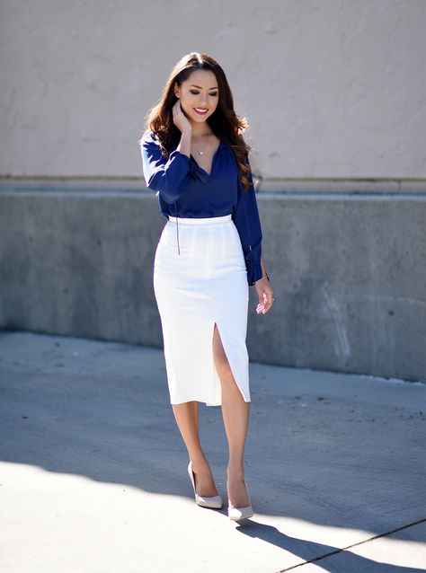 Jessica Ricks, White Skirt Outfits, Professional Skirt, White Midi Skirt, Chique Outfits, Silk Outfit, Pencil Skirt White, Looks Street Style, Professional Attire