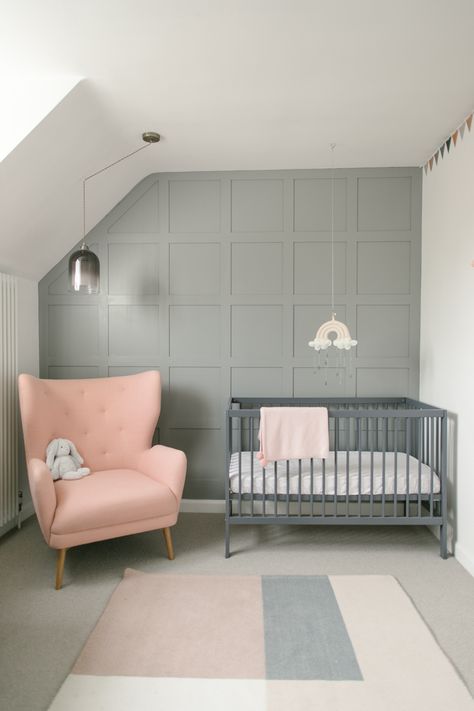 Panelled Wall In Manor House Grey - Panelled Wall Detail In Baby Nursery Alien Nursery, Nursery Panelling, Blair Bedroom, Gray Gender Neutral Nursery, Pretty Nursery, 555 Wallpaper, Neutral Nurseries, Nursery Color Scheme, Rainbow Mobile