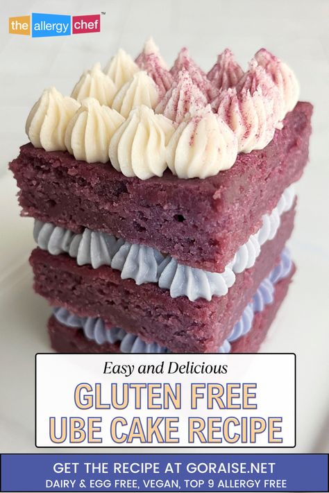 Gluten Free Ube Cake Recipe (egg free, dairy free, vegan, top 9 allergy free) Gluten Free Ube Cookies, Ube Cookies, Potato Cake Recipe, Sweet Potato Cake Recipe, Ube Cake, Allergy Friendly Desserts, Ube Recipes, Potato Cakes Recipe, Purple Sweet Potato