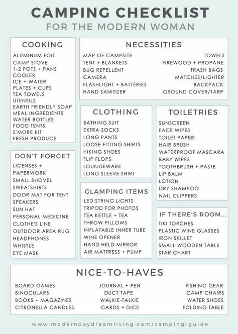 Camping Checklist for the Modern Woman Modern Camping, Printable Packing List, Camping Diy, Camping 101, Camping List, Camping Guide, Camping Checklist, Camping Glamping, Camping Supplies