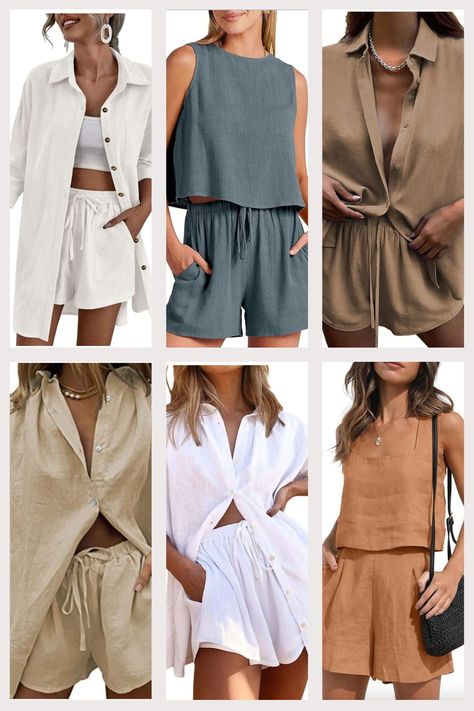 2 piece linen sets are the new trend to love! Discover the perfect white two-piece outfits for both casual and chic summer time looks, plus how to make them work for every occasion. It's time to make a statement with your matching linen summer ensemble! Linen Short Set Outfit, Two Piece Linen Set Women, Summer Sets Outfits Two Pieces, Set Outfit Two Pieces, White Two Piece Outfit, Dinner Outfit Casual, Pretty Dresses Casual, Latest Summer Fashion, Cute Summer Dresses