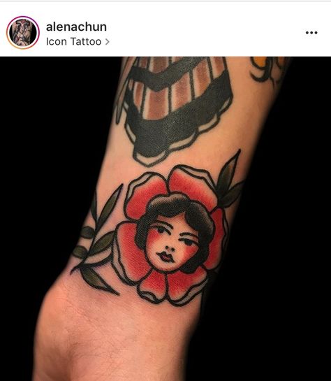 Lady Face Flowers Tattoo, Pinup Face Tattoo, Girlie Traditional Tattoos, Flowers With Faces Tattoo, Kewpie Tattoo Traditional, Flower Face Tattoo, Kewpie Tattoo, Year Tattoo, 22 Tattoo