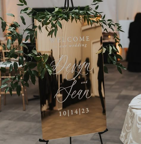 All of our acrylic wedding signs are UV printed and include our signature calligraphy with a painted background of your choice. * D E T A I L S * -Choose your size, background color, style and font colors at checkout -Each sign is made to order and made by hand, no two signs are exactly alike. * S H I P P I N G * -Please allow up to 4 weeks for your order to be processed before shipping. If you need an item sooner, please reach out to us before ordering to ensure we can meet your need by date. -We package each order with care to ensure it gets to you as safe as possible. In the event that your order arrives damages, please reach out to us as soon as possible, so we can work up a replacement for you. * C A R E   I N S T R U C T I O N S * -Clean with a soft, dry cloth and avoid using cleaner Painted Mirror Wedding Sign, Welcome To Wedding Mirror, Wedding Gold Mirror, Welcome Sign Wedding Mirror, Gold Mirror Wedding Sign, Mirror Welcome Sign Wedding, Wedding Welcome Sign Mirror, Gold Wedding Welcome Sign, Pew Decor