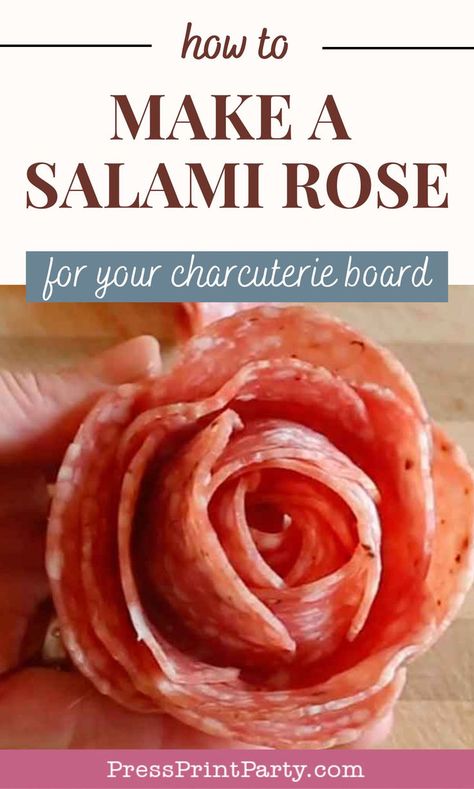 Learn How to Make a Salami Rose with this easy tutorial! Perfect for adding a touch of elegance to your charcuterie board, cheese board, or any appetizer spread. Watch the video and follow the DIY steps to create beautiful salami rosettes or even a bouquet. Impress your guests with these simple yet stunning additions to your party platters. by Press Print Party! Salami Rosettes, How To Make Salami, Salami Rose, Charcuterie Meats, Salami And Cheese, Diy Steps, Charcuterie Board Cheese, Sliced Salami, Charcuterie Plate