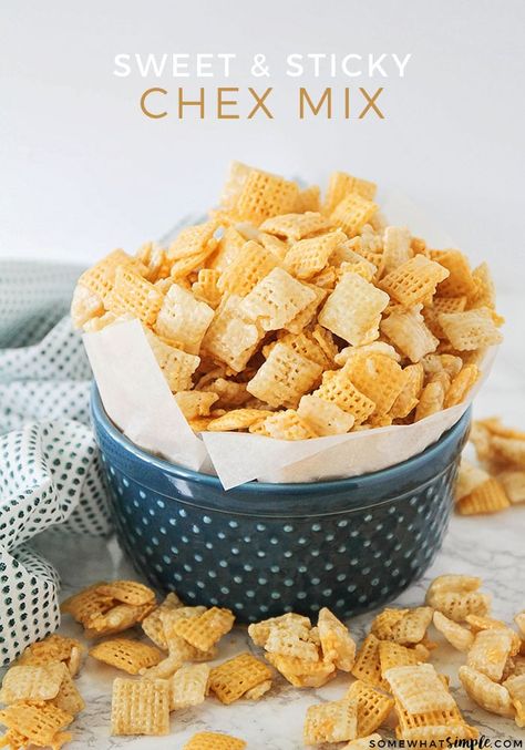 This is hands-down the BEST sweet Chex mix recipe, EVER! This easy recipe has all of the things you love in a Chex mix but covered in a sugary sweet mixture you won't be able to resist. #chexmix #chexmixrecipe #sweetchexmix #sweetchexmixrecipe via @somewhatsimple Rice Chex Treats, Sweet Chex Mix Recipe, Chex Mix Recipes Christmas, Chex Mix Recipes Sweet, Chex Recipes, Sweet Chex Mix, Sweet Chex, Rice Crispy Treat, Chex Mix Recipe