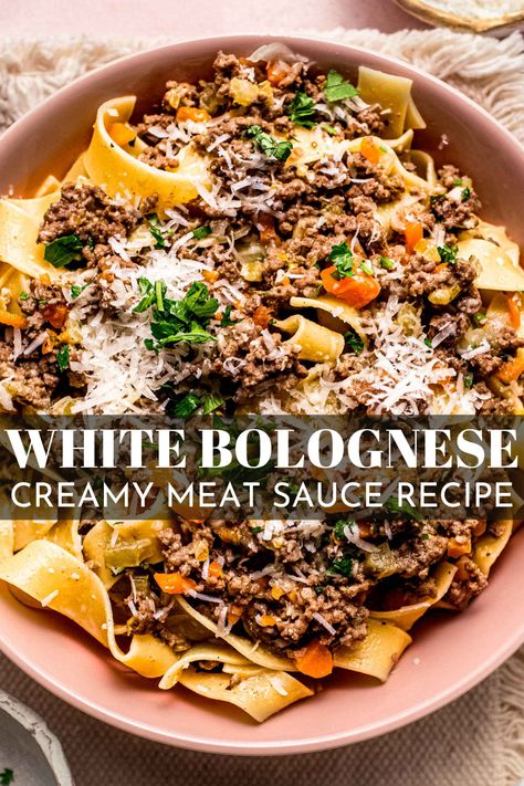 This White Bolognese Sauce combines beef & Italian sausage in this silky, rich & delicately spiced sauce that's perfect for topping a bowl of pasta! #bolognese #pastarecipe #whitebolognese #pastasauce White Bolognese, Slow Cooker Bolognese Sauce, Slow Cooker Bolognese, Pasta Easy, Ladies Group, Radicchio Salad, Meat Sauce Recipes, Italian Chopped Salad, Pasta Bolognese