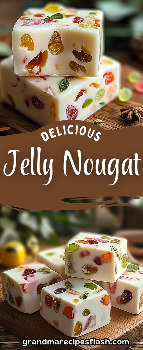 Bright, chewy, and irresistibly nostalgic! This Jelly Nougat Candy recipe is the perfect treat for sharing with family and friends. With the chewy goodness of gumdrops and creamy marshmallows, it's a delightful candy that's sure to please everyone. Jelly Nougat, Jelly Candy Recipe, Nougat Recipe, Nougat Candy, Making Jelly, Jelly Bars, How To Make Jelly, Candy Caramel, Candy Truffles