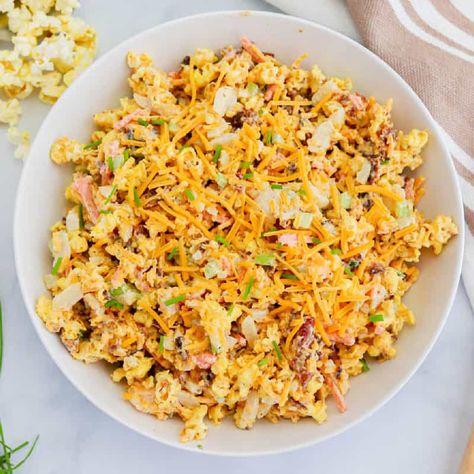 Popcorn Salad Popcorn Salad Recipe, Popcorn Salad, The Diary, Crumbled Bacon, Shredded Carrot, Salad Side Dishes, Bacon Recipes, Summer Bbq, Soup And Salad