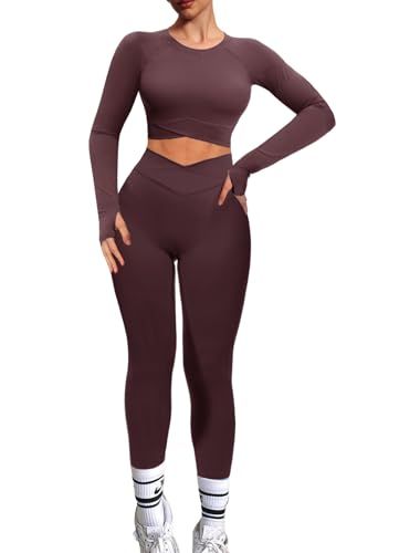 Navneet Women Workout Sets 2 Piece Gym Sets Outfit Matching Set Long Sleeve Crop Tops High Waist Leggings Activewear Gym Two Piece, Sets Outfit, Pleated Tennis Skirt, Flare Jumpsuit, Workout Sets, Tennis Skirt, Active Wear Leggings, Lace Tops, High Waisted Leggings