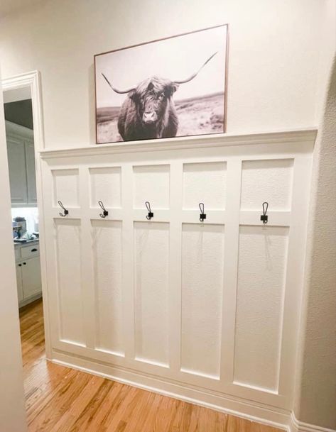 Beadboard Behind Washer And Dryer, Front Entrance Wall Panelling, Board And Batten Wall In Entryway, Shiplap Wall Mudroom Entryway, Wainscoting With Coat Hooks, Mud Room Wall Paneling, Waynes Coating Entryway, Panelled Wall With Coat Hooks, Diy Wanescoat