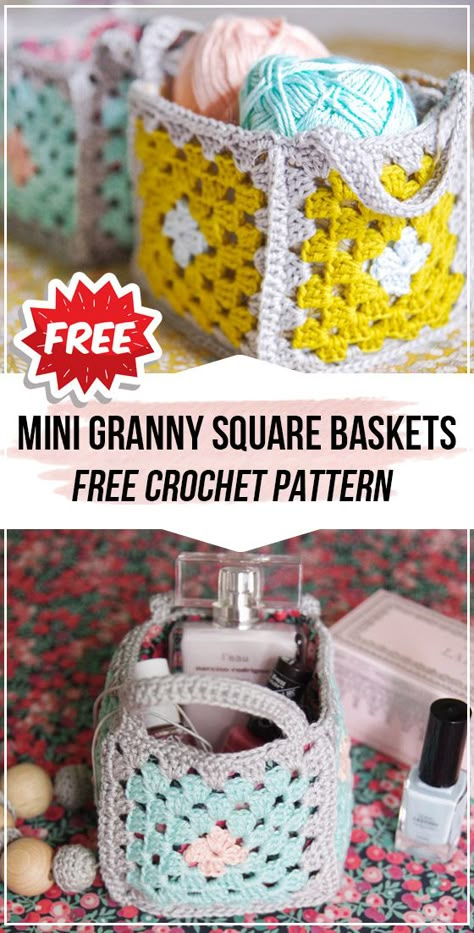 crochet Mini Granny Square Baskets free pattern #Baskets #crochet#freecrochetpattern via @shareapattern.com Crochet Mini Bag Free Pattern, Easy Crochet Bags For Beginners, Granny Square Basket, Crochet Granny Square Projects, Sac Granny Square, Crocheted Baskets, Granny Square Projects, Square Basket, Crochet Basket Pattern Free