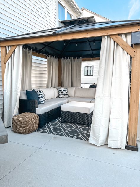 Small Patio With Gazebo, Patio Furniture Under Gazebo, Pergola With Curtains Ideas, Patio Cover Curtain Ideas, Backyard Patio Curtains, Gazebo With Curtains Ideas, Outdoor Patio Curtains Back Porches, Gazebo For Deck, Gazebo Furniture Ideas Backyard