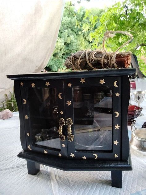 Celestial Goth Decor, Dark Celestial Aesthetic Bedroom, Witchy Furniture Diy, Celestial Dresser, Diy Whimsigoth Decor, Spooky Room Aesthetic, Celestial Room Aesthetic, Witchy Furniture, Celestial Diy