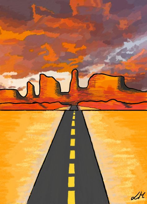 #color #paint #drawing #route66 #mountain #sunset #cloud #sun #road #trip #travel #sketch Retro Landscape Painting, Road Trip Sketch, Road Trip Drawing, Road Trip Painting, Drawing Road, Road Drawing, Road 66, Road Trip Art, Sunset Drawing