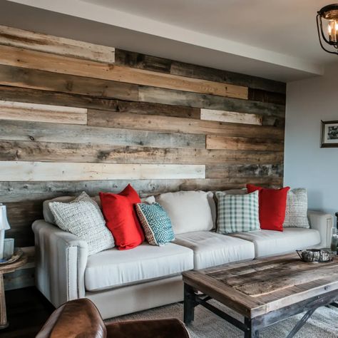 Reclaimed Wood Accent Wall Multicolor Wood Wall, Wood Plank Accent Wall, Salvaged Wood Projects, Wooden Dining Bench, Wooden Blanket Ladder, Reclaimed Wood Accent Wall, Wooden Accent Wall, Rustic Entryway, Wood Bookshelves