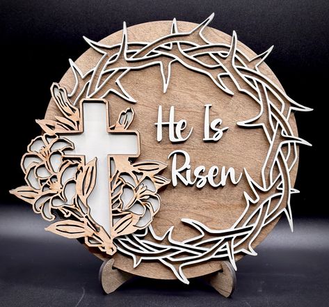 This listing is for one 10" He has risen plaque with easel, if you would prefer to hang this please let me know, many sizes available as well.  This is made with quality materials.  If you don't see what you are looking for please contact me, I just may be able to help.  Thanks for looking. He Has Risen Coloring Pages, He Is Risen Chalkboard Art, He Is Risen Door Hanger, He Is Risen Banner, He Is Risen Design, Jesus Today, Father Son Holy Spirit, He Has Risen, He Is My Everything