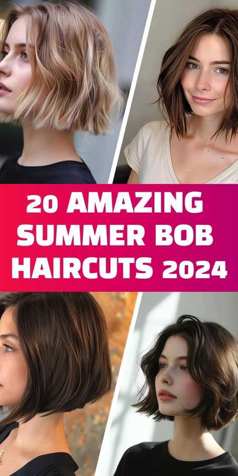 Elevate your style with 20 summer bob haircuts for 2024! These chic and trendy cuts are perfect for any occasion, from beach days to nights out. Whether you prefer a sleek, straight bob or a textured wave, these haircuts will keep you looking fashionable and cool. Dark Hair Bob Haircut Short, Beach Bob Hair, Summer Bob Haircut, Haircuts For Summer, Bob Style Haircuts, Medium Length Bob, Textured Bob Hairstyles, Summer Bob, Best Bob Haircuts