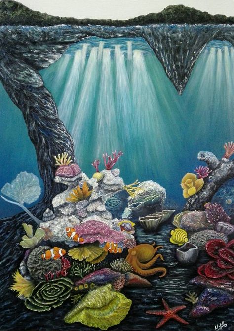 Original Seascape Painting by M Hasanah | Art Deco Art on Canvas | Treasures of the undersea world Check more at https://codlu.com/us/original-seascape-painting-by-m-hasanah-art-deco-art-on-canvas-treasures-of-the-undersea-world/ Paper Mache On Canvas, World Painting, Undersea World, Art Deco Art, Deco Art, Seascape Paintings, Art On Canvas, Paper Mache, Paintings For Sale