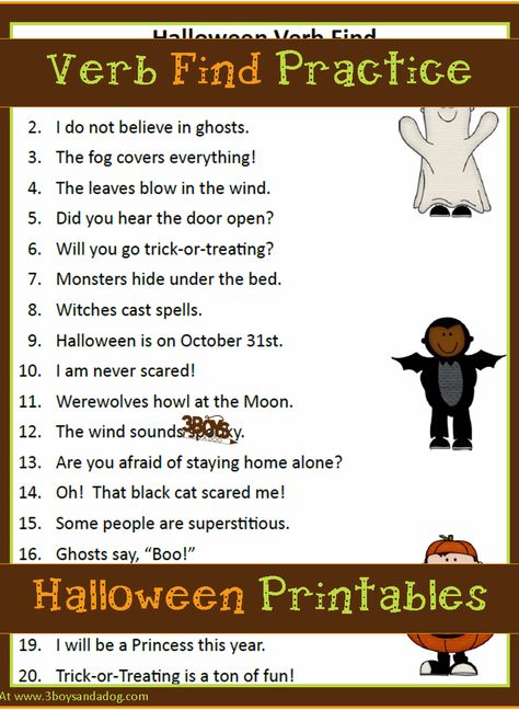 These Halloween Printables: Verbs, Parts of Speech will help your second and third grade aged children work on understanding and recognizing all types of verbs. Types Of Verbs, October Lessons, Halloween Teaching, Verbs Worksheet, Homeschooling Materials, October Classroom, Free Educational Printables, Language Arts Worksheets, Halloween Writing