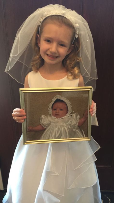 First Communion pic- while holding the baptism pic!! First Communion Games For Kids, First Communion Dinner Ideas, First Communion Charcuterie Board, Communion Ideas Girl, Backyard Communion Party Ideas, Girls Communion Party Ideas, Girl Communion Party Ideas, Communion Party Ideas Girl, First Communion Photo Ideas