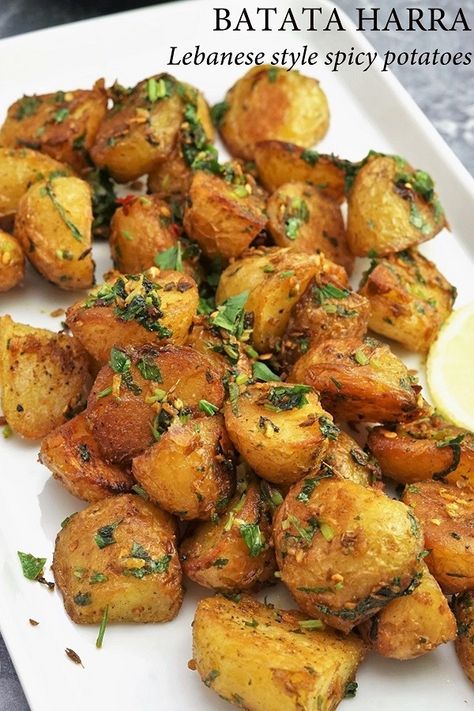 Lebanese Garlic Potatoes, Spicy Garlic Potatoes, Lebanese Batata Hara, Indian Roasted Potatoes, Lebanese Spicy Potatoes, Lebanese Potatoes Recipe, Middle Eastern Potatoes, Spicy Potatoes Recipes, Spicy Roasted Potatoes