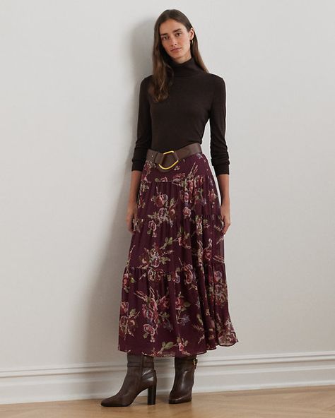 Floral Crinkle Georgette Tiered Skirt Lauren Ralph Lauren Outfits, Sundance Outfits, Ralph Lauren Fall 2024, Ralph Lauren Fashion, Maxi Skirt Fall, Style Capsule, Painterly Floral, Fall Skirt, Handmade Skirts