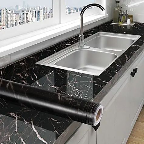 Black Peel And Stick Wallpaper, Peel And Stick Countertop, Black Marble Countertops, Marble Contact Paper, Kitchen Design Countertops, Kitchen Countertop Decor, Modern Home Offices, Marble Vinyl, Marble Countertops Kitchen