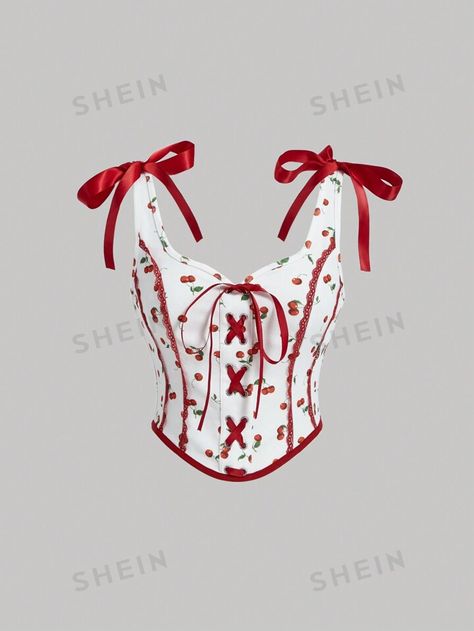 Free Returns ✓ Free Shipping✓. SHEIN MOD Women's Cherry Printed Contrast Red Lace Trimmed Cami Top With Red Silk Ribbon Straps- Women Tank Tops & Camis at SHEIN. Red Corset Top, Goth Cottagecore, Bunny Cartoon, Lace Trim Cami Top, Vintage Coquette, Red Corset, Lace Trim Cami, Swimming Outfit, Women Tank Tops