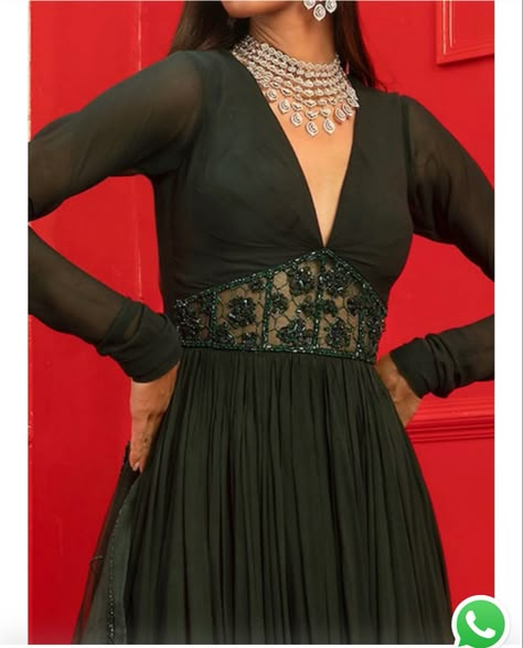 Western Anarkali Dress, Black Gown Indian Party Wear, Dark Green Anarkali, V Neck Anarkali, Mahima Mahajan, Green Anarkali, Embroidered Anarkali, Anarkali Dress Pattern, Indian Gowns Dresses