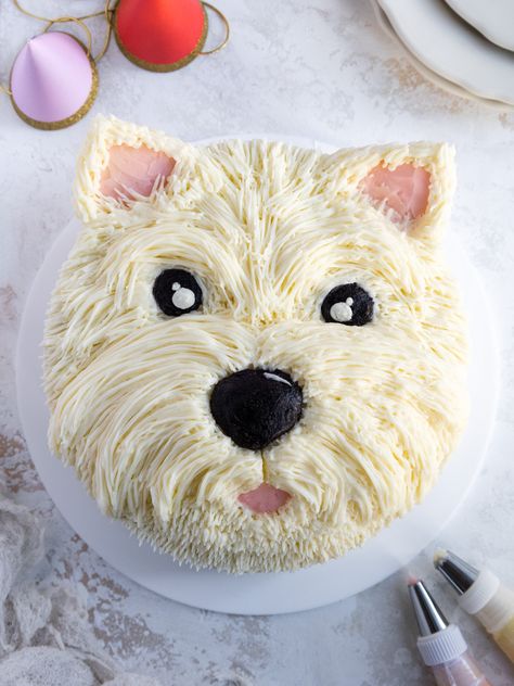 This cute westie cake is made with tender vanilla cake layers and decorated with delicious, homemade buttercream frosting. Pet Themed Birthday Cake, Animal Cake Ideas Easy, Cupcake Dog Cake, Dog Cake Decoration, Buttercream Dog Cake, Dog Theme Birthday Cake For Kids, Dog Cake Birthday, Dog Birthday Cake For Kids, Dog Theme Birthday Cake