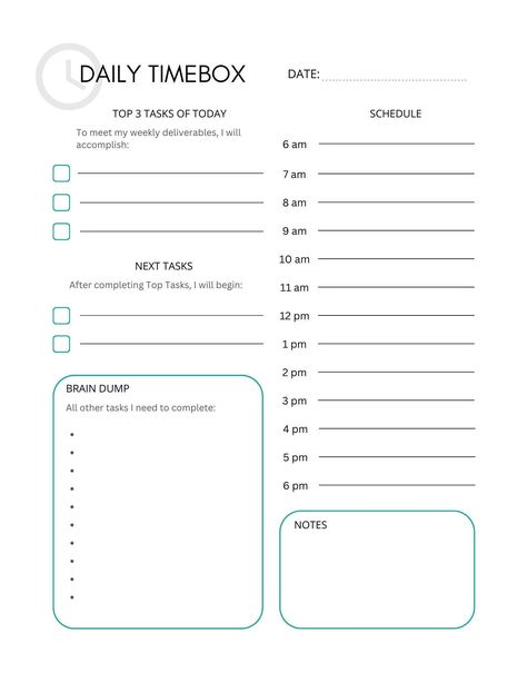 Daily Timebox Planner Printable PDF Template To-do List Time Management Productivity Organization Simple Digital Download - Etsy Canada | Timeboxing, Time management, Time management planner Time Management Planner Daily Routines, Time Organization Printables, Time Management Journal, Daily Task Template, Time Management Sheets Daily Planners, Daily Schedule Template Time Management, Timeboxing Template, Timeboxing Planner, Time Management Sheet