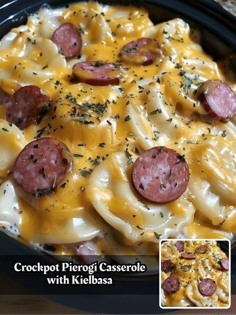 Pierogi Casserole, Easy Family Recipes, Shredded Cheddar Cheese, Kielbasa, Easy Family Meals, Family Recipes, 1 Pound, Chicken Broth, Broth