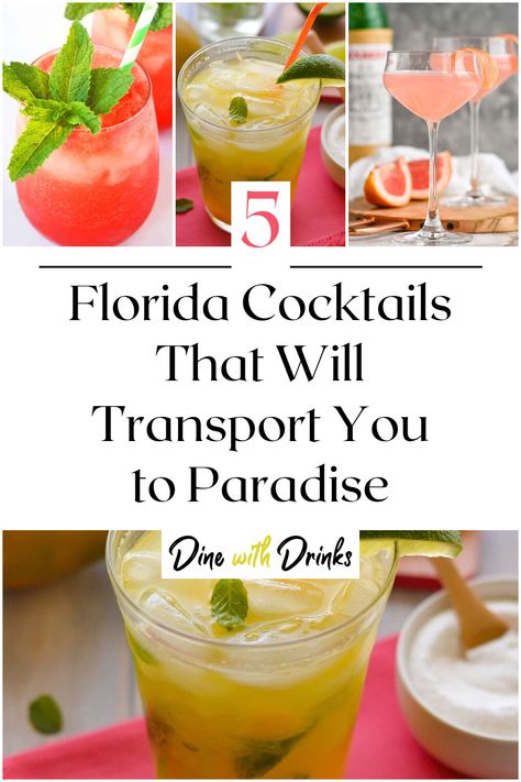 Collage of 4 florida cocktails. Florida Drinks Cocktail Recipes, Florida Cocktails, Tropical Cocktail Recipes, Florida Party, Unique Cocktail Recipes, Mango Mojito, Tropical Drinks, Tropical Food, Popular Cocktails