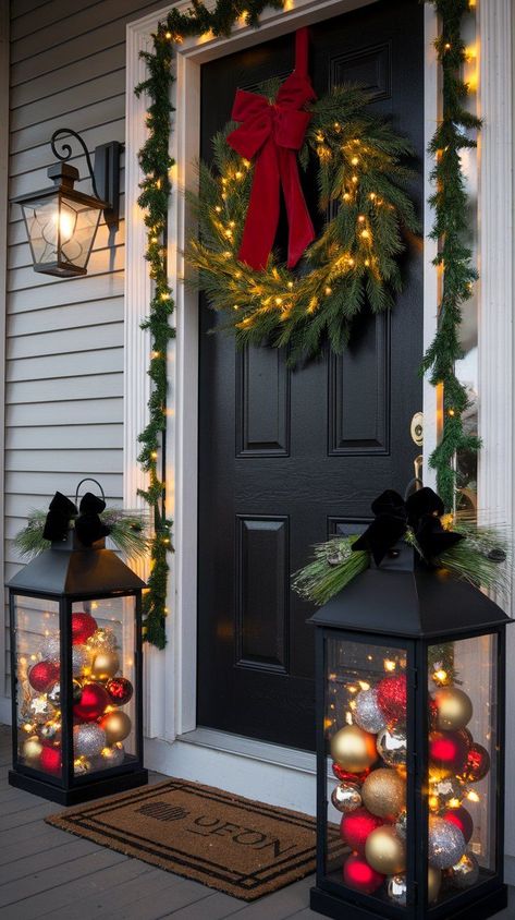 Christmas Lanterns Decorated Ideas, Decorated Front Porch, Lantern Christmas Decor, Luxury Christmas Decor, Outdoor Christmas Decoration Ideas, Outside Christmas Decorations, Pretty Christmas Decorations, Lantern Christmas, Christmas Decoration Ideas