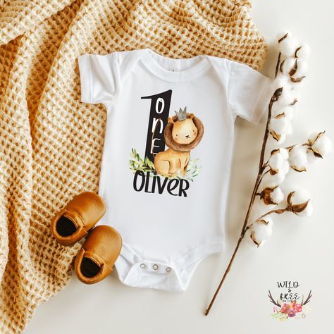 Lion First Birthday Party Boy, Lion Birthday Theme, Lion First Birthday, Lion Birthday Party, Safari 1st Birthday, First Birthday Onesie, 1st Birthday Onesie, Boys Birthday Outfits, Birthday Onesie