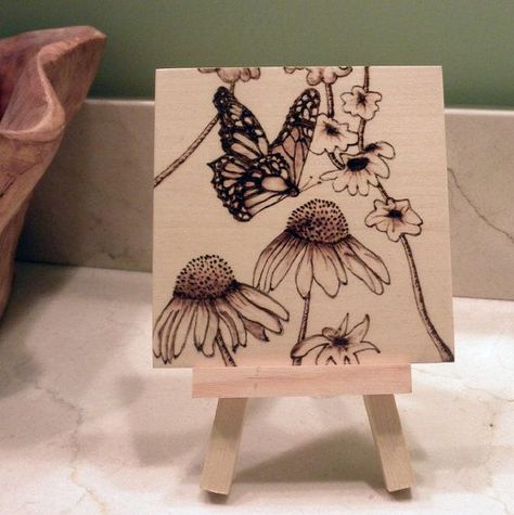 butterfly pyrography | Woodburned Butterfly and Flowers with Stand - 4"x4" Pyrography Woodburning Design, Pyrography Designs, Wood Burning Patterns Stencil, Detailed Background, Cone Flowers, Wood Burn Designs, Pyrography Patterns, Butterfly And Flowers, Wood Burning Tool