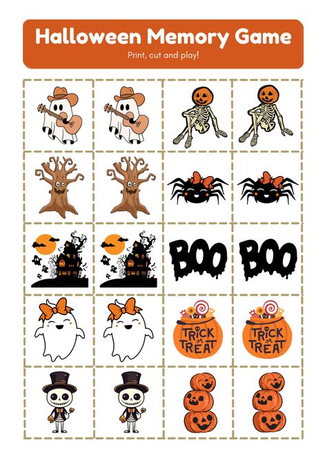 Playing memory games with kids is a great way to help them develop their cognitive and memory skills. Not only is it fun, but it also challenges their brains and helps improve concentration and focus. What Is Halloween For Kids, Halloween Game Activities, Quick Halloween Activities For Kids, Halloween Makerspace Ideas, Halloween Party For Kids Games, Halloween Memory Game Printable, Halloween Cognitive Activities, Adl Activities For Kids, Halloween Paper Games