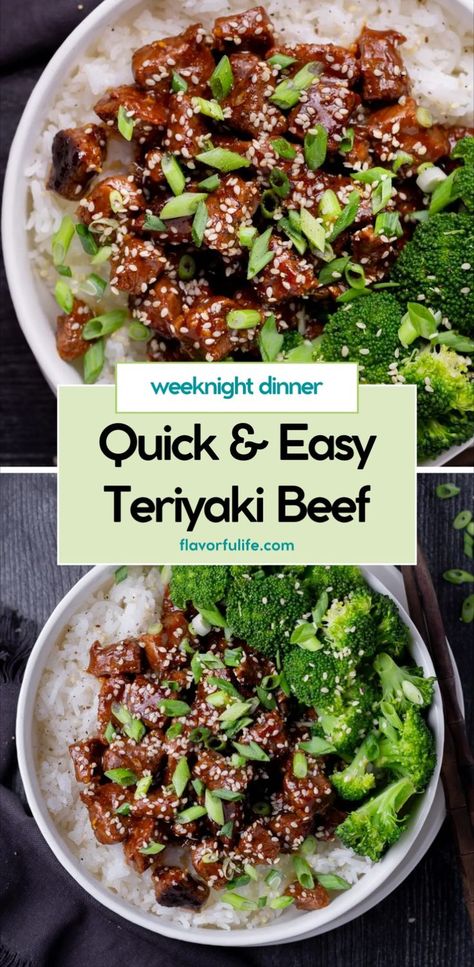 Enjoy this beef and broccoli stir fry featuring tender teriyaki steak bites in a savory sauce. This easy beef with broccoli recipe brings together flavorful teriyaki steak bites with fresh broccoli for a perfect easy beef and broccoli dinner. Try this go to weeknight dish for a quick, tasty meal! Teriyaki Ground Beef And Broccoli, Teriyaki Steak Bowl Recipe, Steak Bites And Rice Recipes, Steak And Rice Bowl, Teriyaki Beef And Broccoli, Teriyaki Steak Bites, Steak Teriyaki, Teriyaki Beef Stir Fry, Beef With Broccoli Recipe