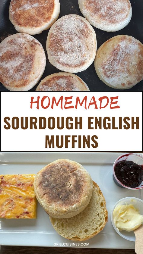 Enjoy the taste of homemade Sourdough English Muffins – light, fluffy, and perfectly tangy! These Fluffy Sourdough English Muffins are cooked to a golden-brown crust with a soft, airy inside, making them ideal for breakfast sandwiches, spreads, or just toasted with a bit of butter. 
English Muffin Recipe Sour Dough, Traditional Sourdough Recipes. Sourdough Recipes English Muffins, English Muffin Recipe Sourdough, Sourdough Discard English Muffin Recipe, Sourdough Breakfast Sandwich, Sourdough Discard English Muffins, Sourdough English Muffin Recipe, English Muffin Recipe, English Bread, Farmhouse On Boone, Sourdough English Muffins