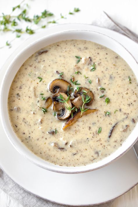 This cream of mushroom soup is a cozy classic prepared from scratch with fresh shiitake and crimini mushrooms, a hint of sherry, plus cream and fresh thyme! | thecozyapron.com #creamofmushroomsoup #creamofmushroomsouprecipes #creamofmushroomsouprecipeshomemade Creamy Mushroom Soup, Mushroom Soup Recipes, Steak And Mushrooms, Cream Of Mushroom Soup, Cream Of Mushroom, Fall Soups, Creamy Mushrooms, Bowl Of Soup, Mushroom Soup