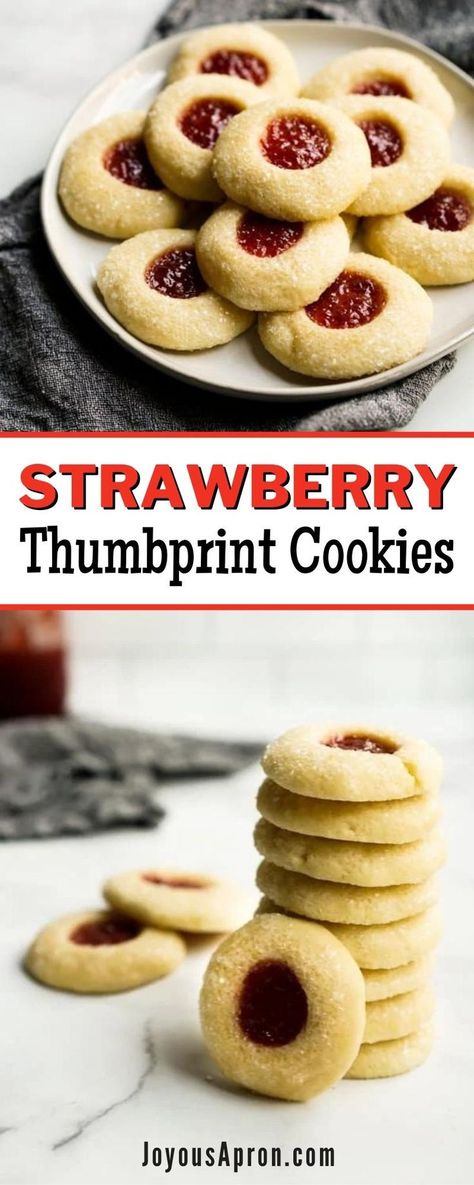 These Strawberry Thumbprint Cookies are buttery, melt-in-your-mouth, and oh so heavenly! Shortbread thumbprint cookies filled with strawberry jam and topped with sugar crystals for that extra crunch when you bite into it. The cookie dough is crumbly, moist, and super buttery. As for the jelly portion, for convenience, you can use store-bought strawberry preserves or jam, or make your own if you want to go all out. Deserts With Strawberries, Strawberry Jam Desserts, Strawberry Thumbprint Cookies, Shortbread Thumbprint Cookies, Strawberry Sugar Cookies, Jam Thumbprint Cookies, Jelly Cookies, Jam Recipes Homemade, Thumbprint Cookies Recipe