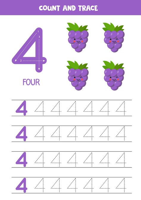 Kids Learning Numbers, Art Books For Kids, Kids Handwriting Practice, Preschool Activities Printable, Fun Worksheets For Kids, Kids Worksheets Preschool, Tracing Worksheets Preschool, Free Preschool Worksheets, Number Four