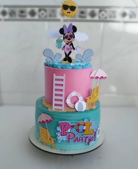 Minnie Mouse Swim Party, Minnie Mouse Cake Design, Tropical Birthday Cake, Pool Party Cakes, Splash Party, Flamingo Cake, Bolo Minnie, Minnie Birthday Party, Girly Cakes